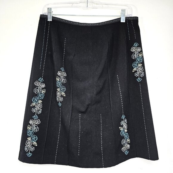 Vintage Y2K Ann Taylor Black Floral Embroidered A Line Mini Skirt Knee Length - Picture 3 of 7